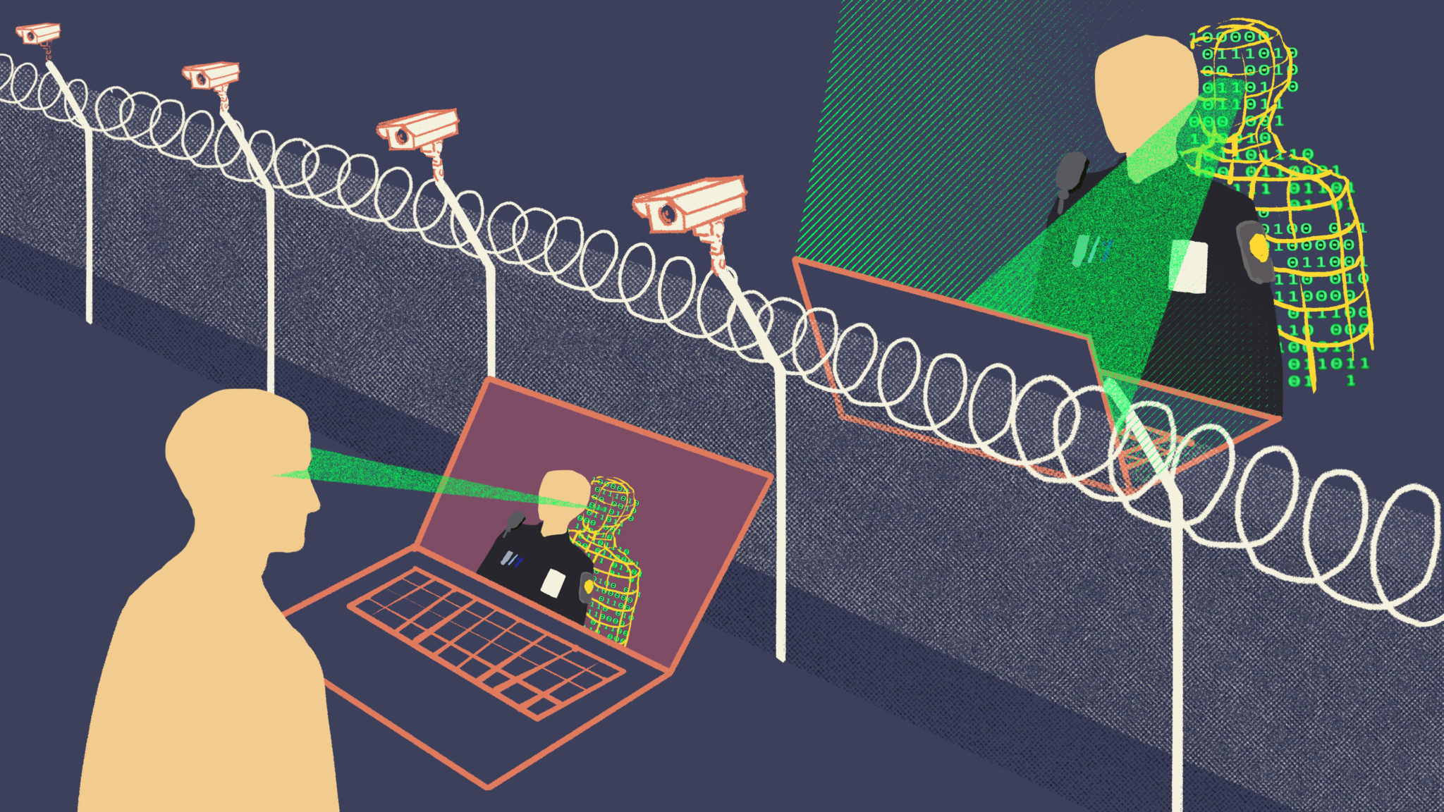 Illustration of A person using a laptop gazed by border guard using artificial intelligence companion depicted as human shape of binary code. Barbed wire fences with surveillance cameras separate the scene, emphasising privacy intrusion by border guard and monitoring of individuals wanting to cross the border.