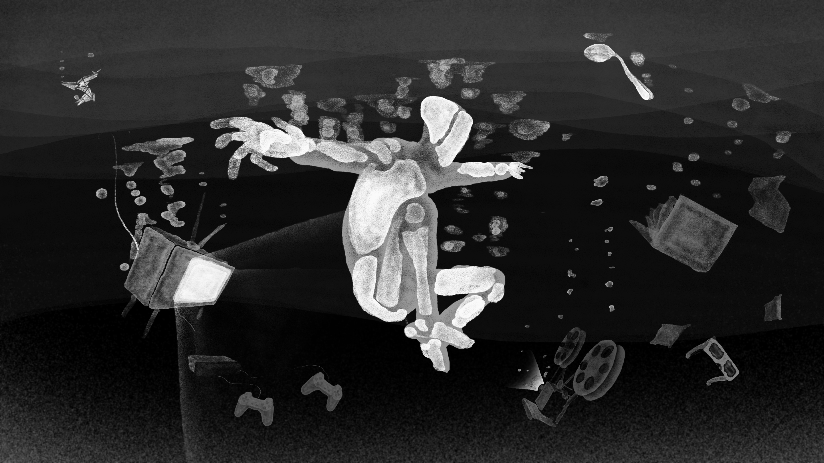 Illustration of a space-like dark expanse, with a ghostly humanoid figure with outstretched limbs floats. books, a bent spoon, origami of a unicorn, game controllers, TV and film reels are scattered around. The monochromatic scene evokes mystery and surrealism.