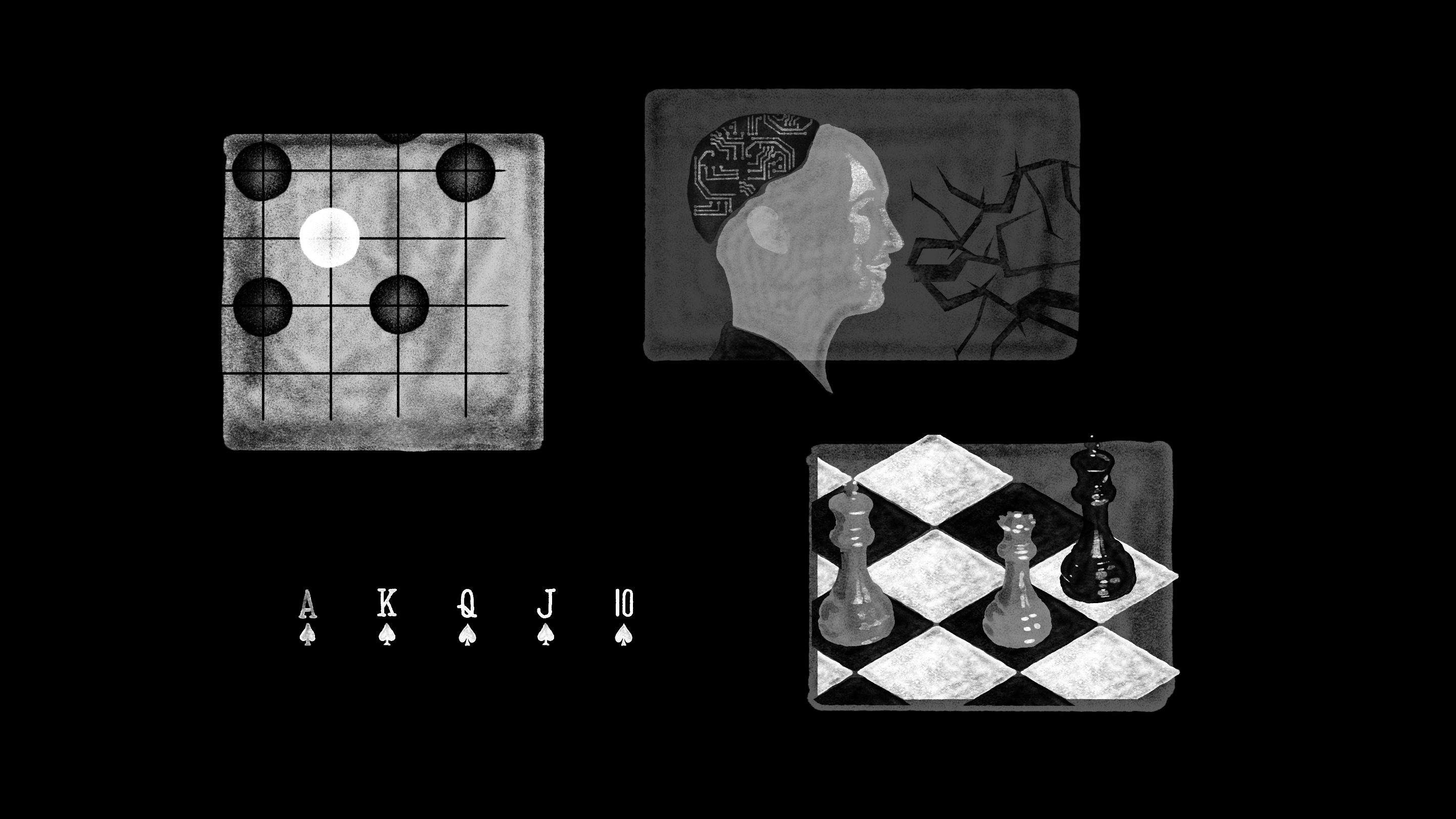 A collage of three images related to games and cognition, featuring a Go board, playing cards, and chess pieces. on right top side of a forth image depicting head of a robot on a shattered background in front of her mouth. 