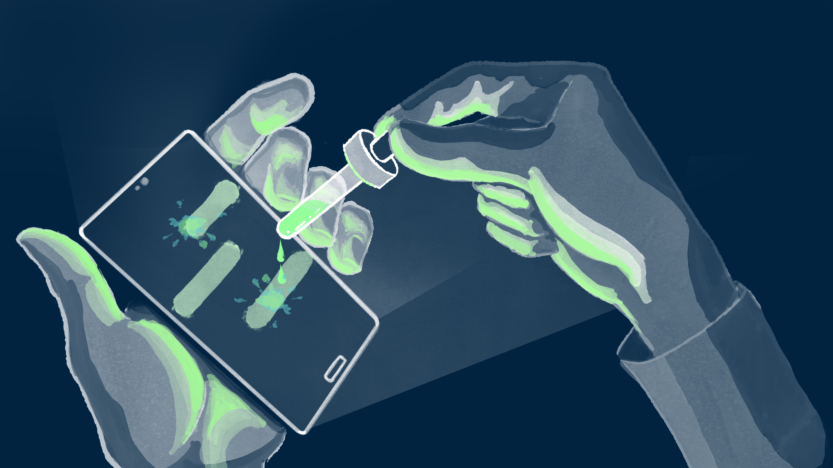 Illustration of a pair of hands in a dark setting, one holding a smartphone and the other dropping a luminescent liquid onto the screens message box.