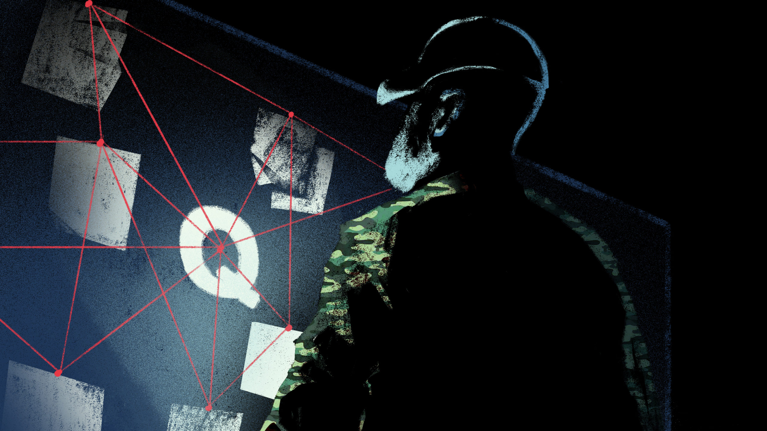 Illustration of a person in silhouette wearing army clothes observing a wall with papers and red lines, connecting to a big q letter in the center. creating a mysterious and investigative atmosphere.