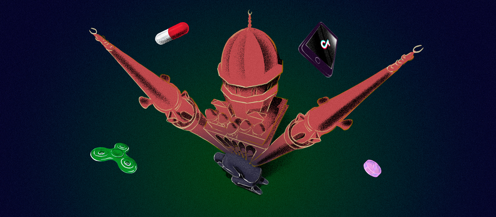 The illustration presents a surreal and artistic scene against a dark green background. A large, intricate red-brown mosque placed on a person on the bottom of the composition. the scene is surrounded with floating fidget spinner, pills and phone showing Tiktok