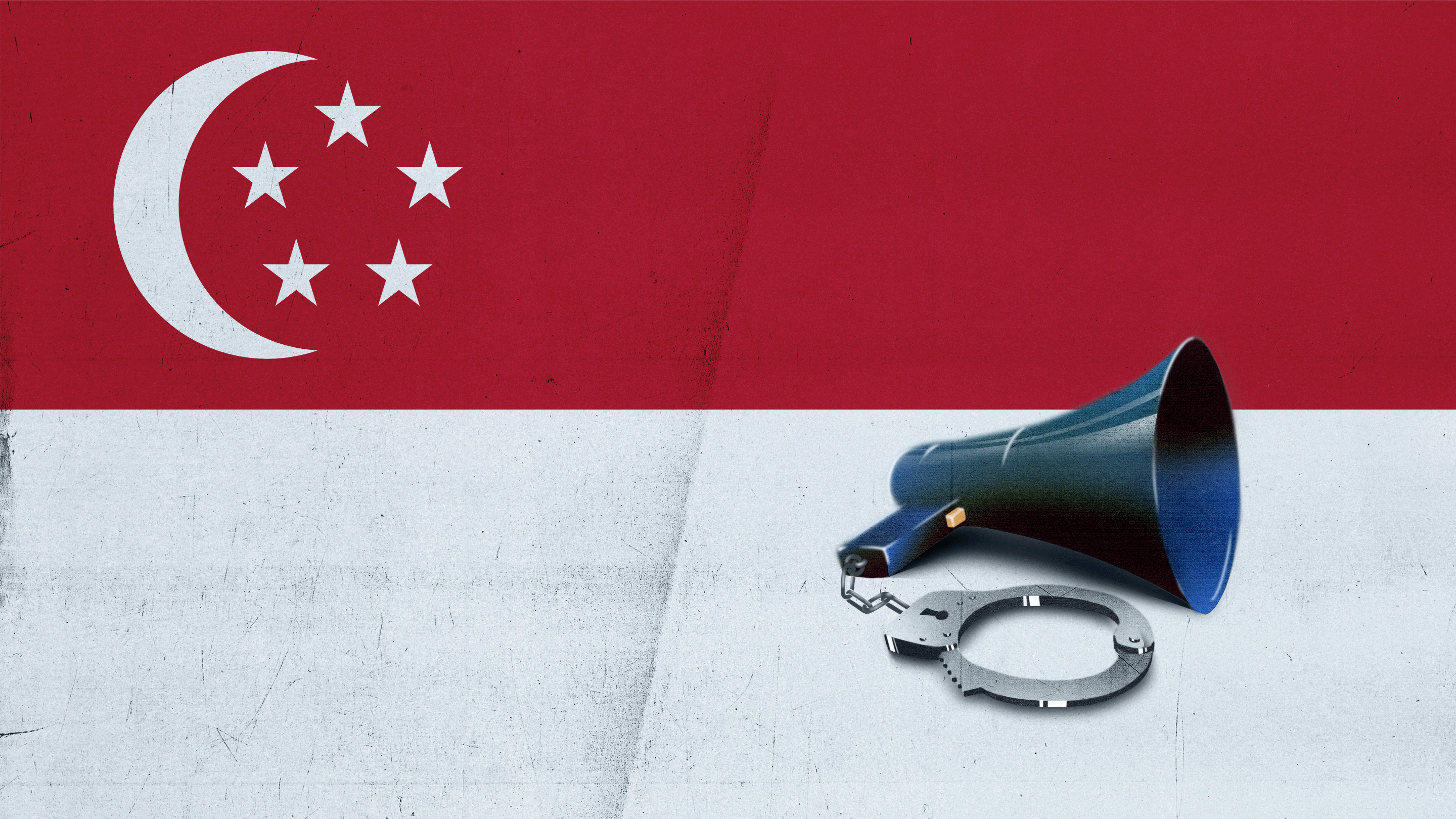 Metallic handcuff attached on a dark blue megaphone sitting on top of Singapore’s flag